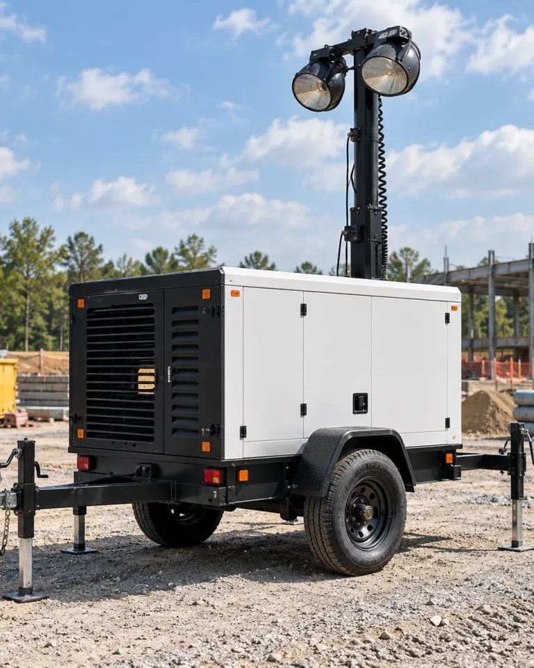 Towable light tower and generator on a jobsite